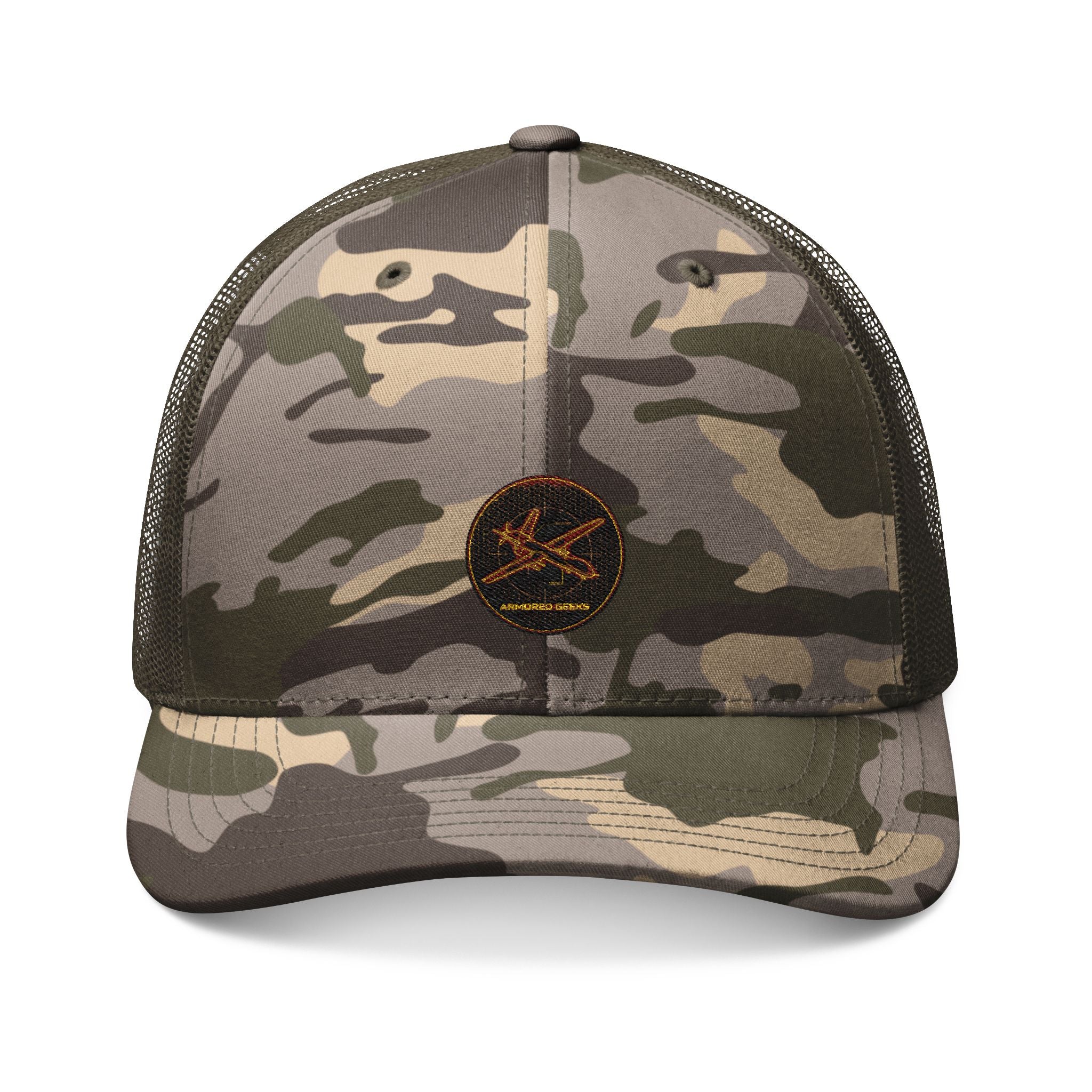 Camo Trucker Hat — Embroidered Rustic Axe Logo, Outdoor Fishing & Hunting Cap