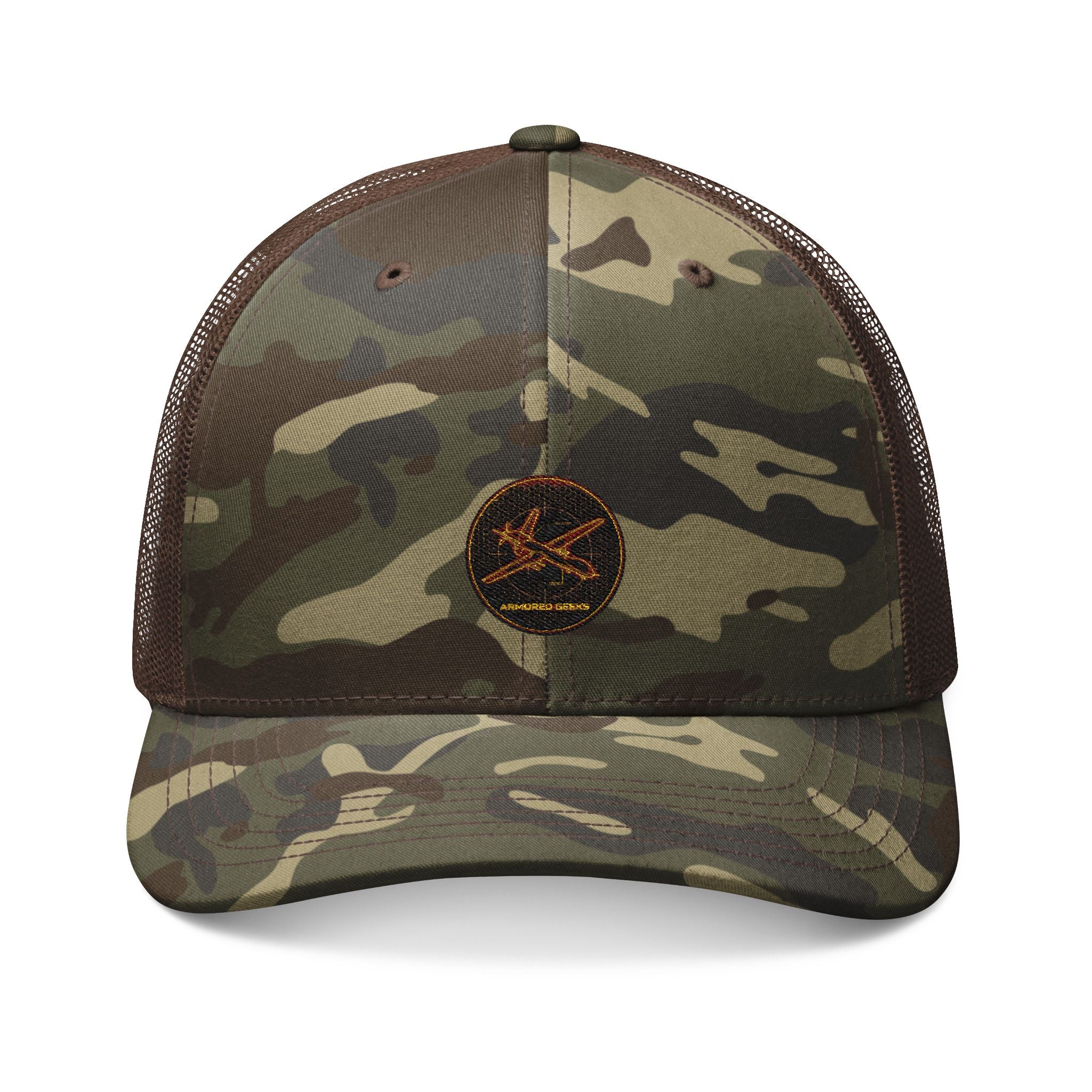 Camo Trucker Hat — Embroidered Rustic Axe Logo, Outdoor Fishing & Hunting Cap
