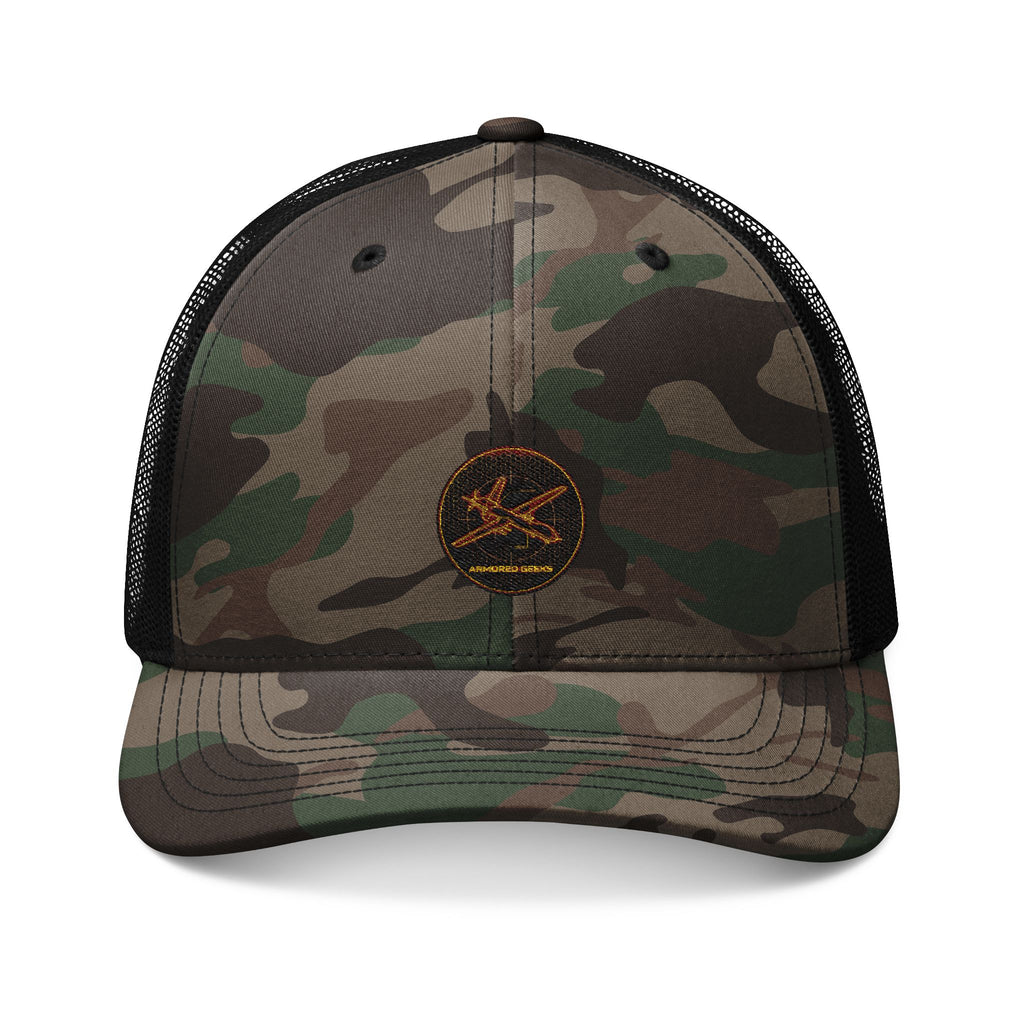 Camo Trucker Hat — Embroidered Rustic Axe Logo, Outdoor Fishing & Hunting Cap
