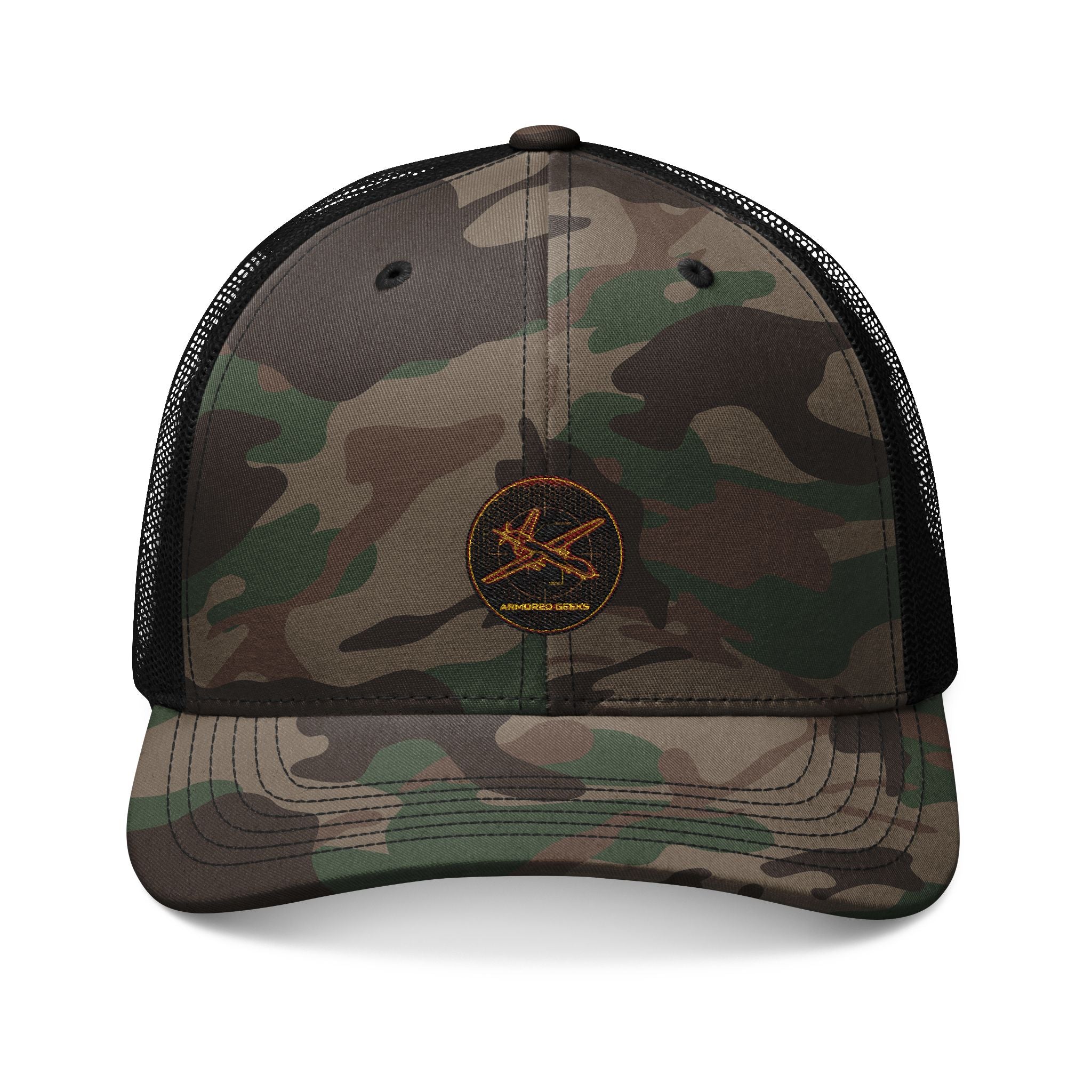 Camo Trucker Hat — Embroidered Rustic Axe Logo, Outdoor Fishing & Hunting Cap